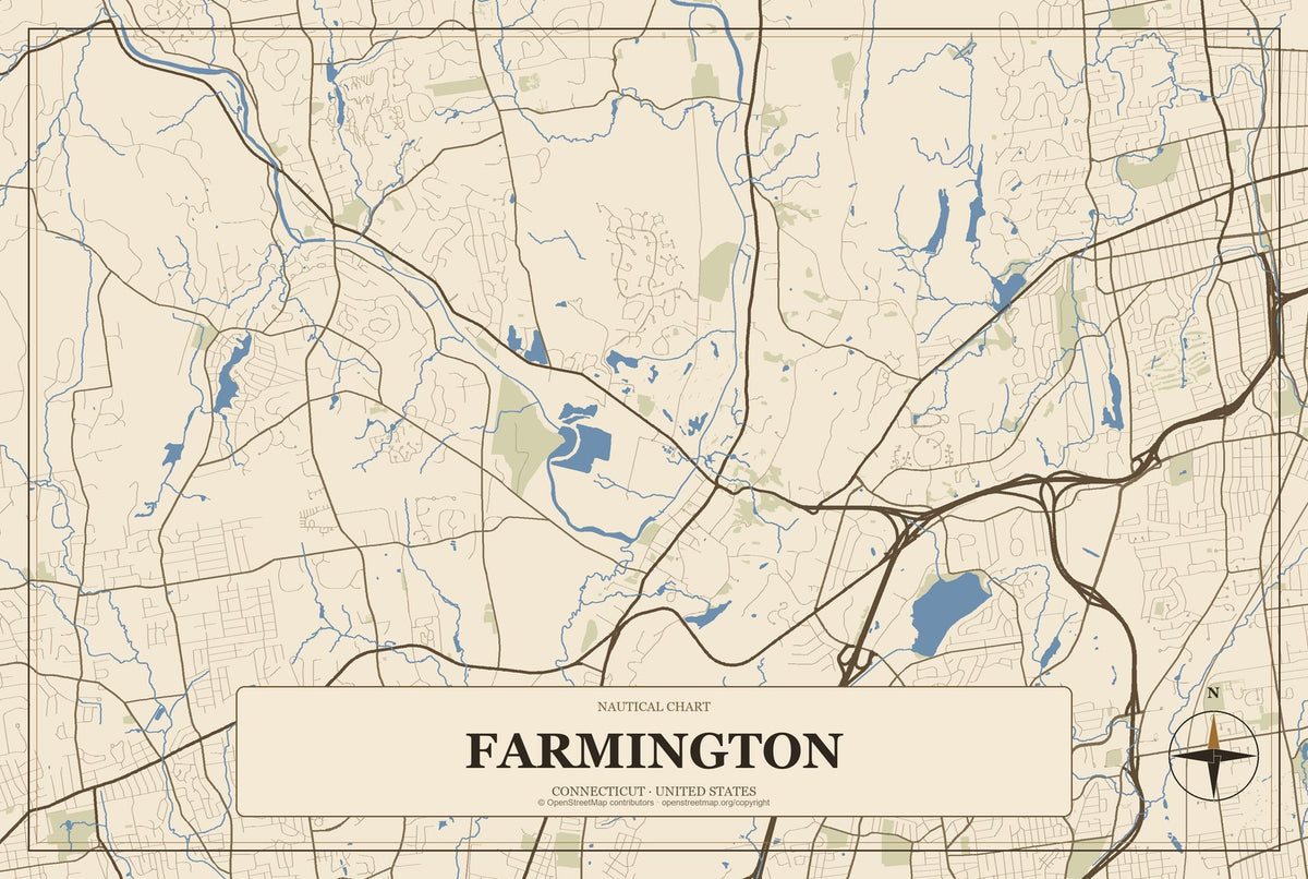 Farmington, Connecticut City Map Aluminum Sign in Heritage Nautical style