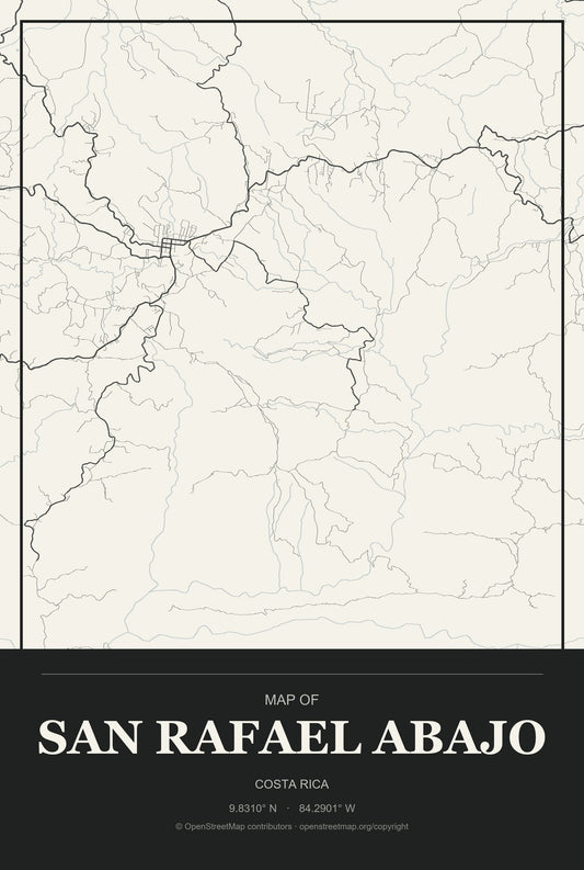 San Rafael Abajo, Costa Rica City Map Aluminum Sign in Museum Plaque style