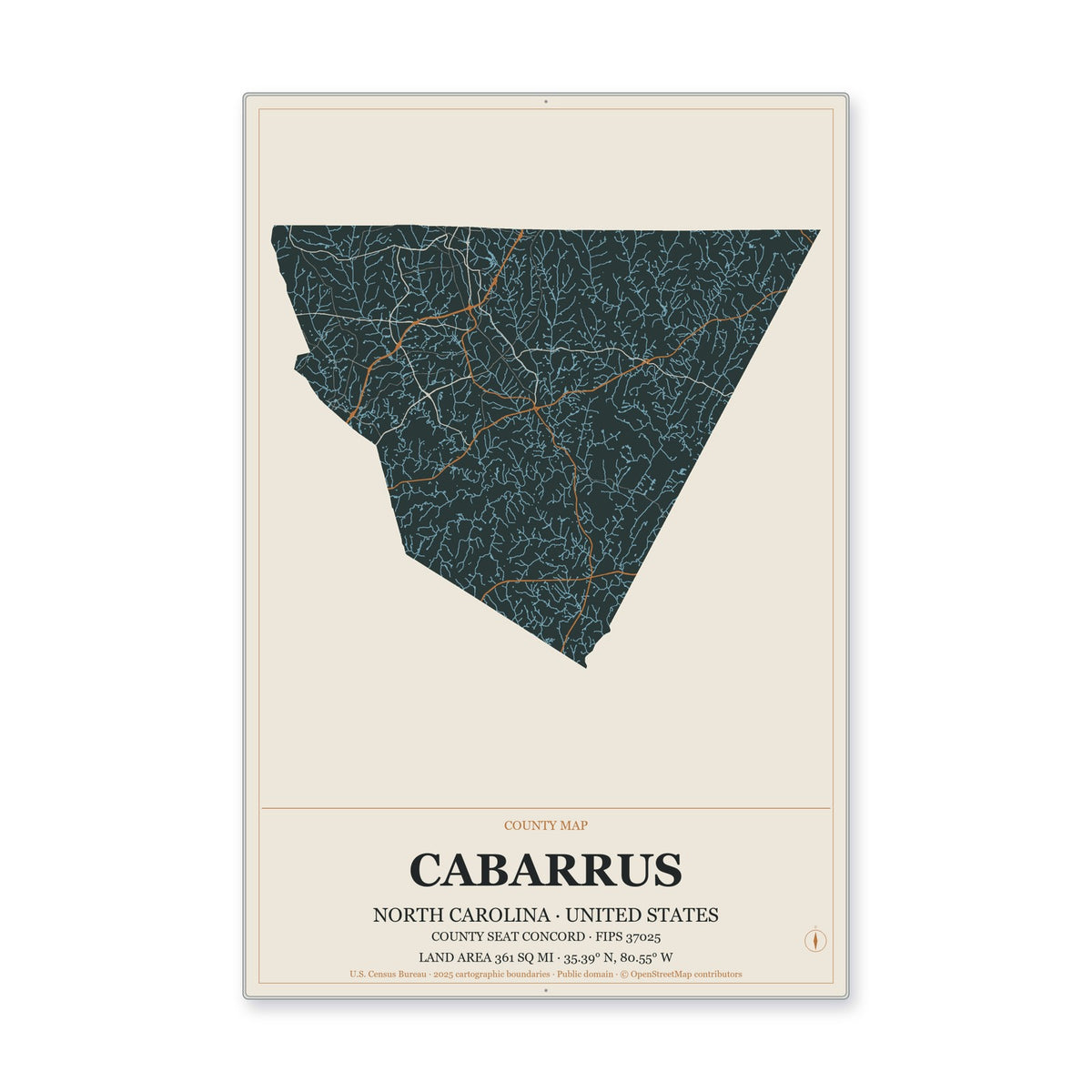 Cabarrus County, North Carolina Map Aluminum Sign in Headline Atlas style