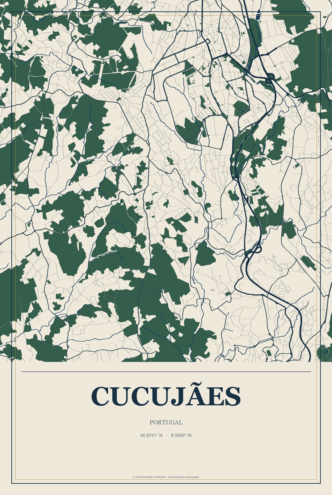 Cucujães, Portugal City Map Aluminum Sign in Coastal Cutout style
