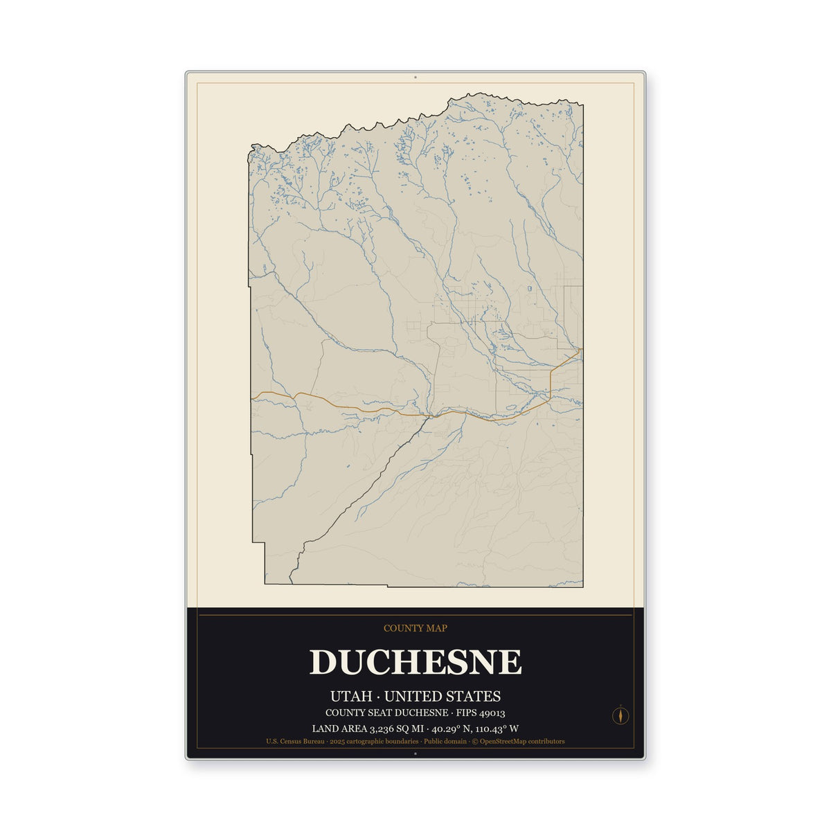 Duchesne County, Utah Map Aluminum Sign in Museum Plaque style