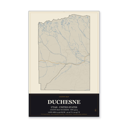 Duchesne County, Utah Map Aluminum Sign in Museum Plaque style
