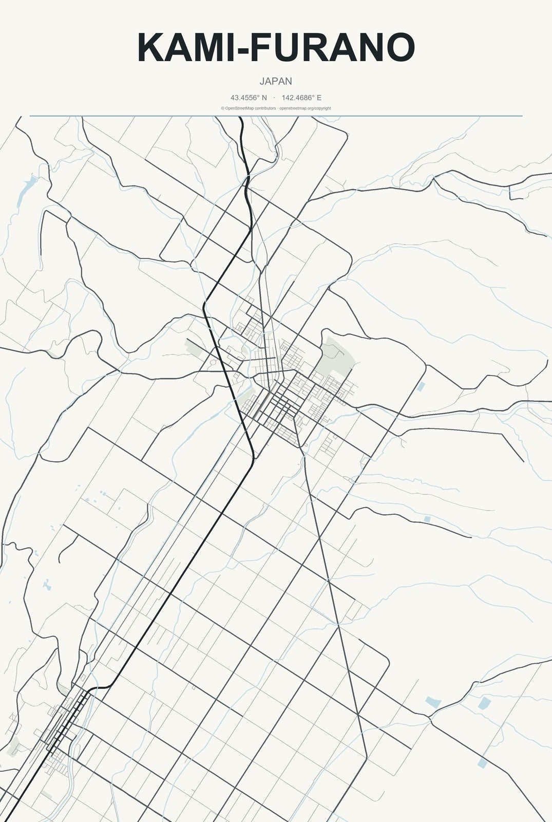 Kami-furano, Japan City Map Aluminum Sign in Headline Atlas style