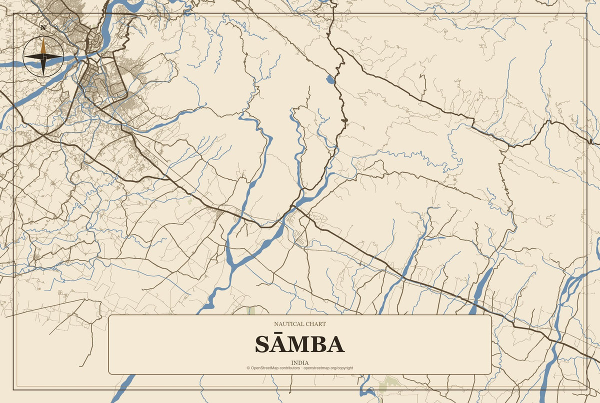 Sāmba, India City Map Aluminum Sign in Heritage Nautical style