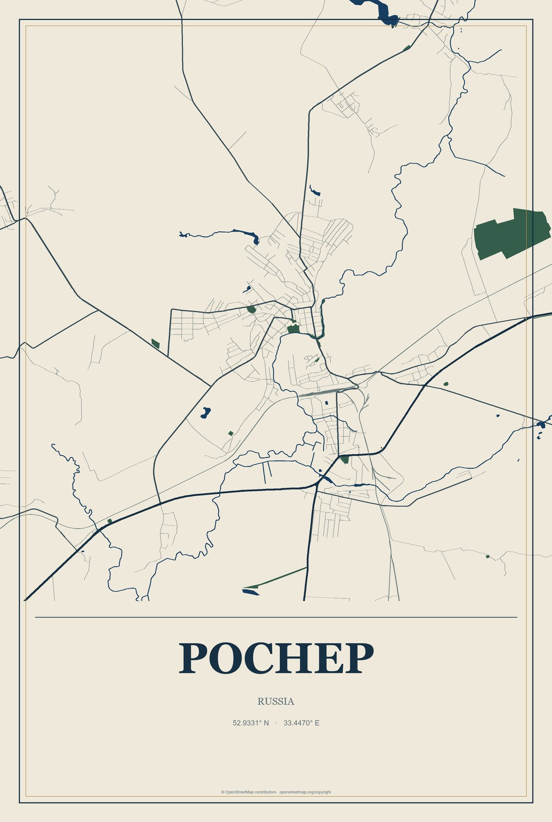 Pochep, Russia City Map Aluminum Sign in Coastal Cutout style