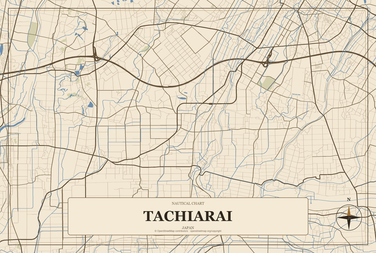 Tachiarai, Japan City Map Aluminum Sign in Heritage Nautical style
