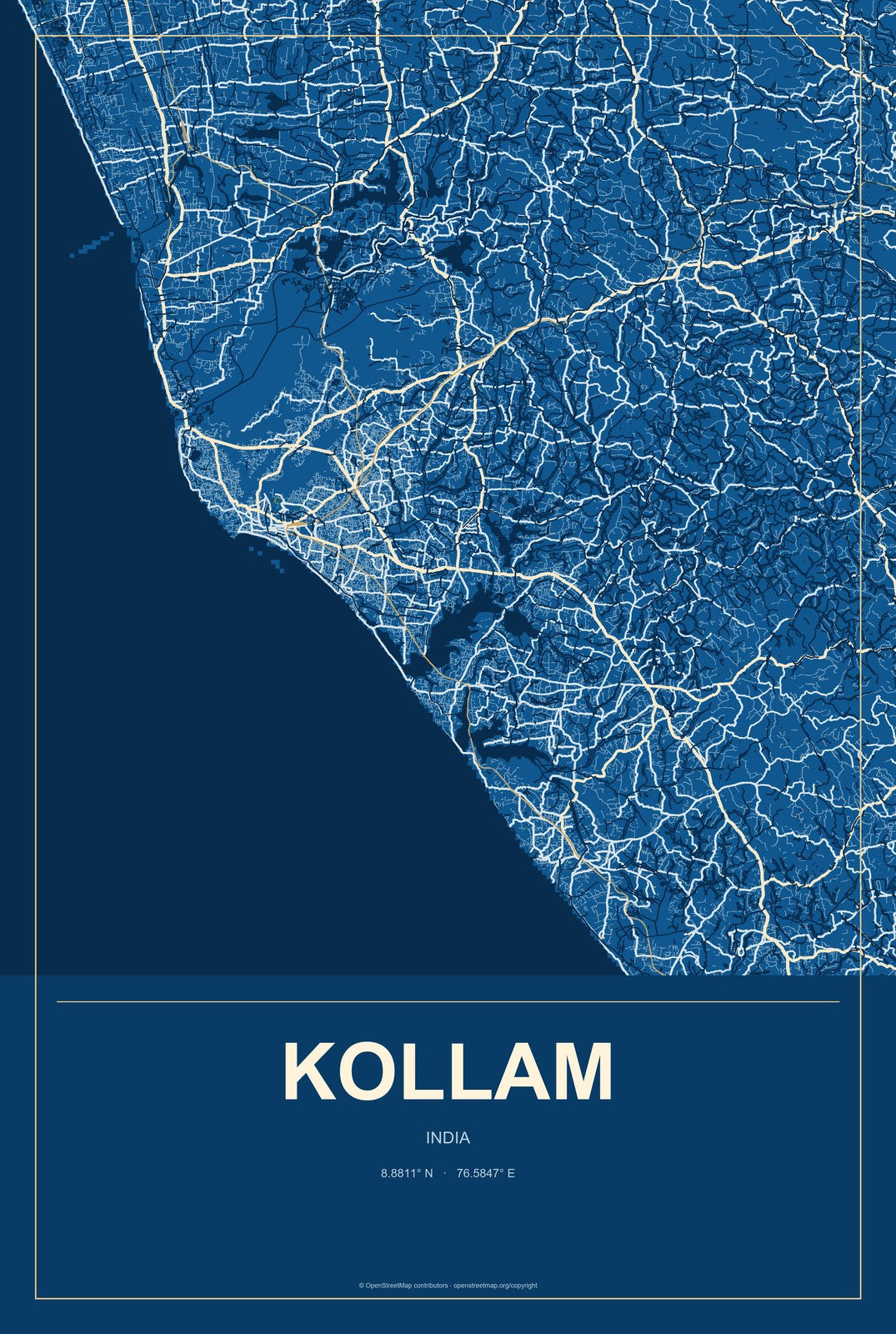 Kollam, India City Map Aluminum Sign in Harbor Cobalt style