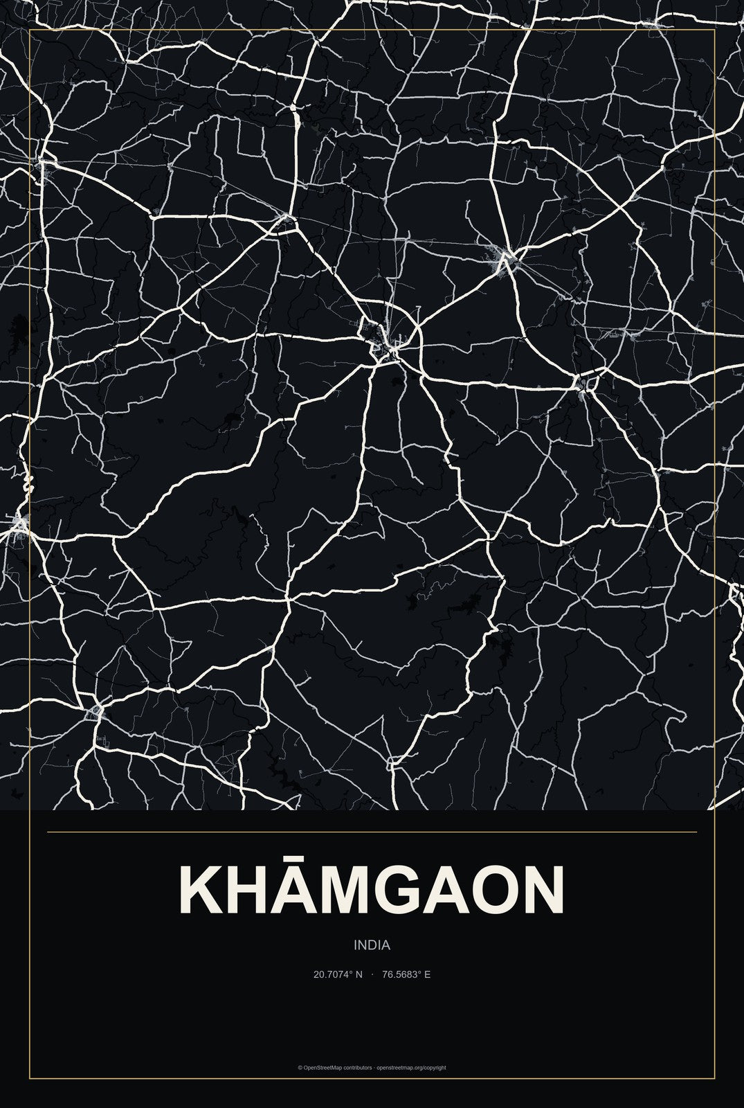 Khāmgaon, India City Map Aluminum Sign in Metropolitan Noir style