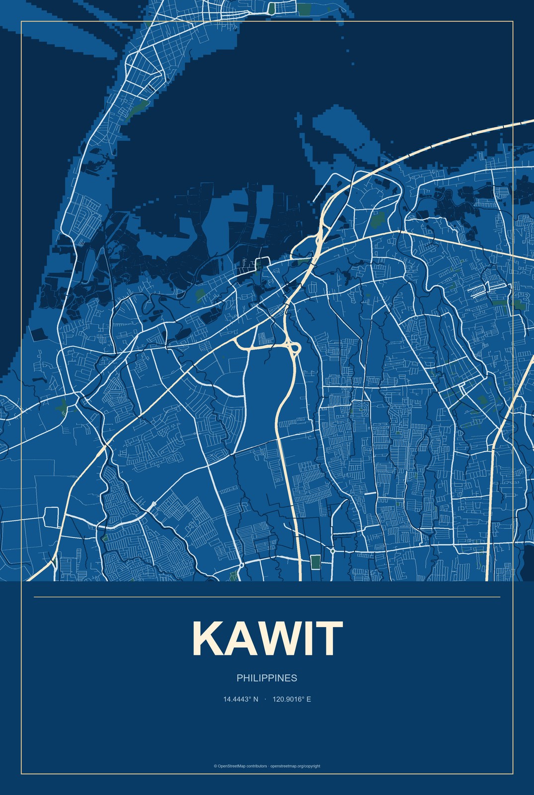 Kawit, Philippines City Map Aluminum Sign in Harbor Cobalt style