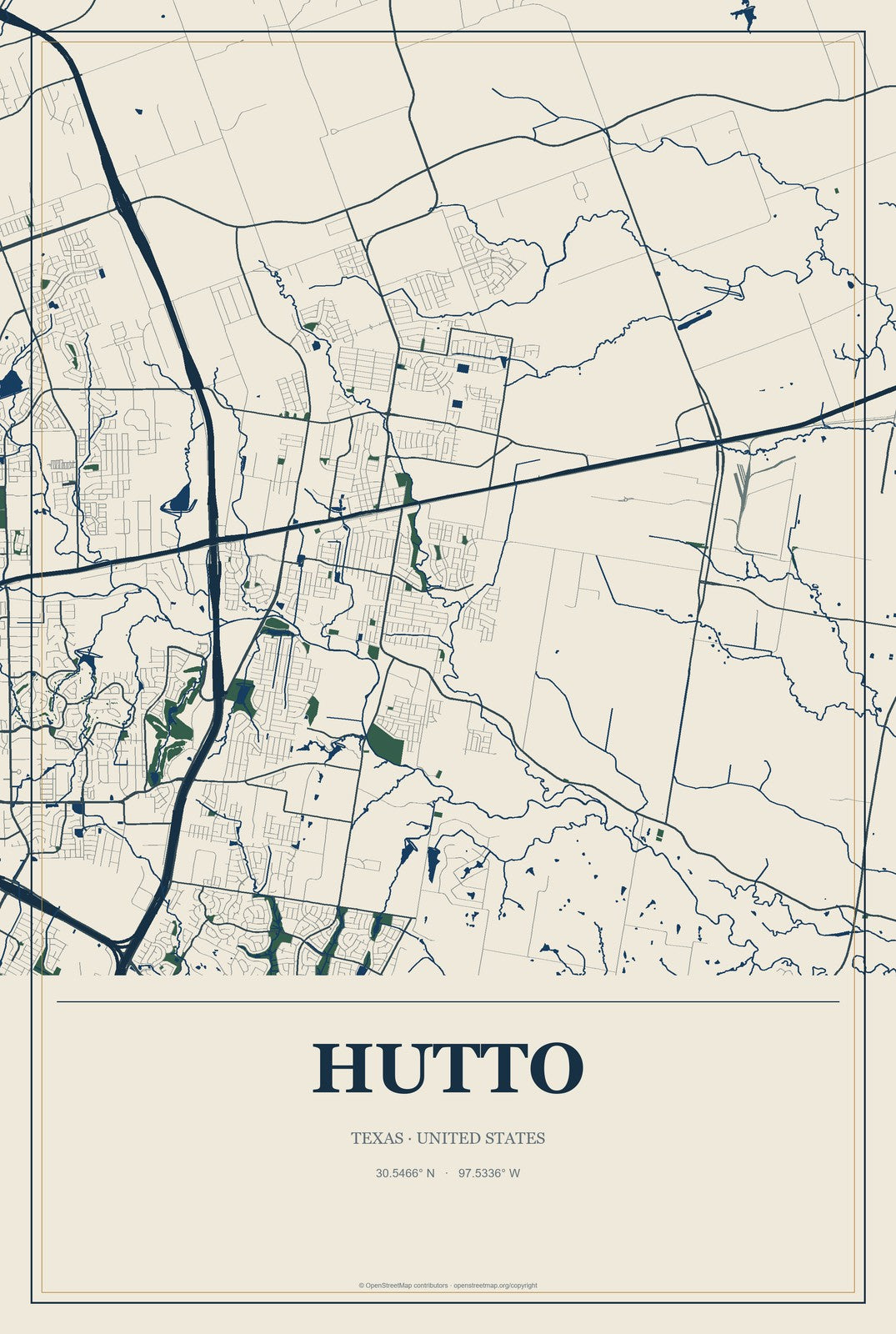 Hutto, Texas City Map Aluminum Sign in Coastal Cutout style