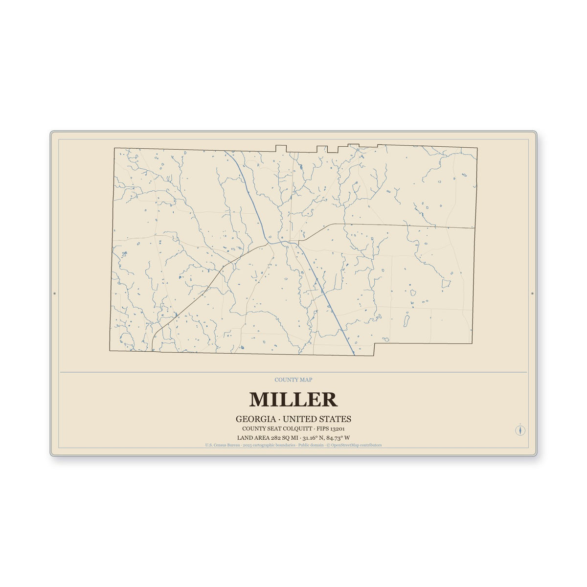 Miller County, Georgia Map Aluminum Sign in Heritage Nautical style
