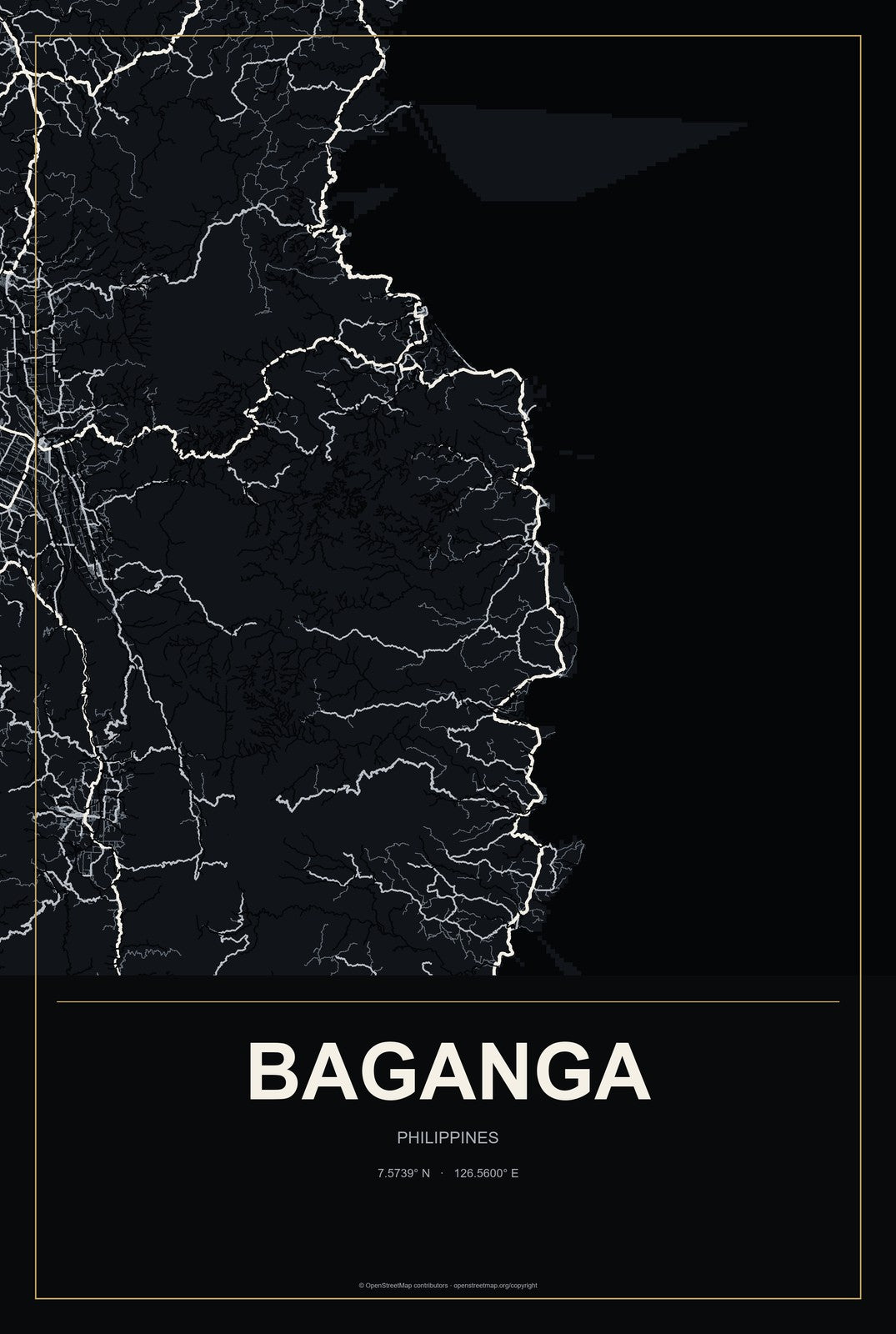 Baganga, Philippines City Map Aluminum Sign in Metropolitan Noir style