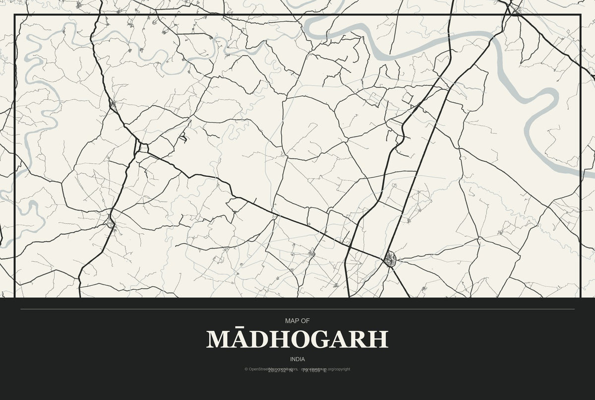 Mādhogarh, India City Map Aluminum Sign in Museum Plaque style