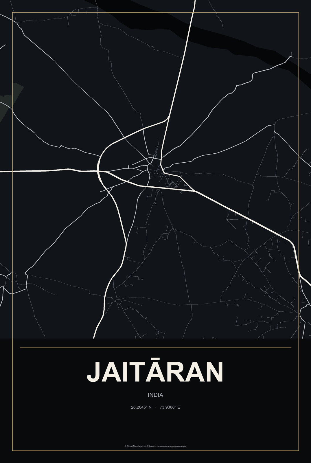 Jaitāran, India City Map Aluminum Sign in Metropolitan Noir style