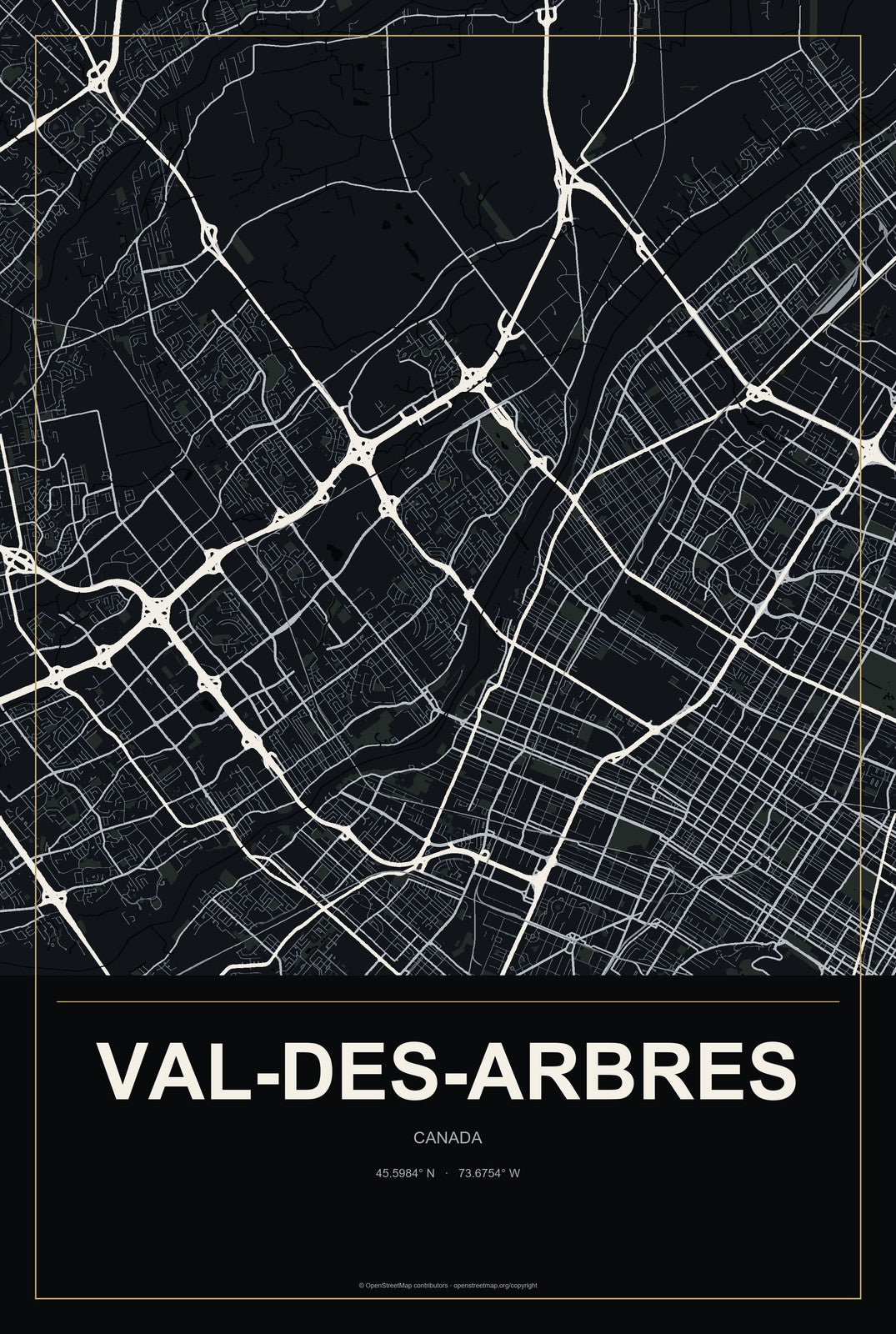 Val-des-Arbres, Canada City Map Aluminum Sign in Metropolitan Noir style