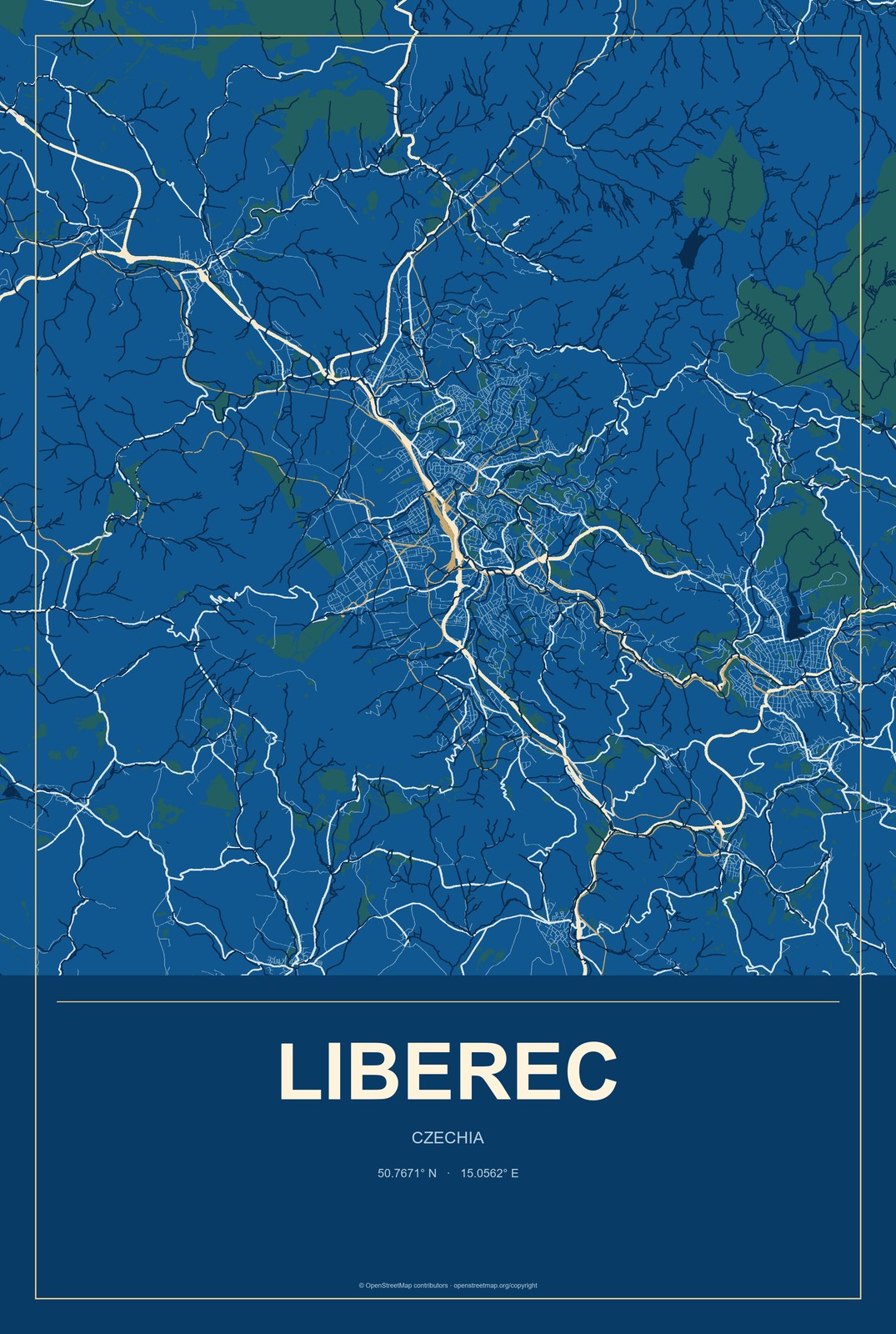 Liberec, Czechia City Map Aluminum Sign in Harbor Cobalt style