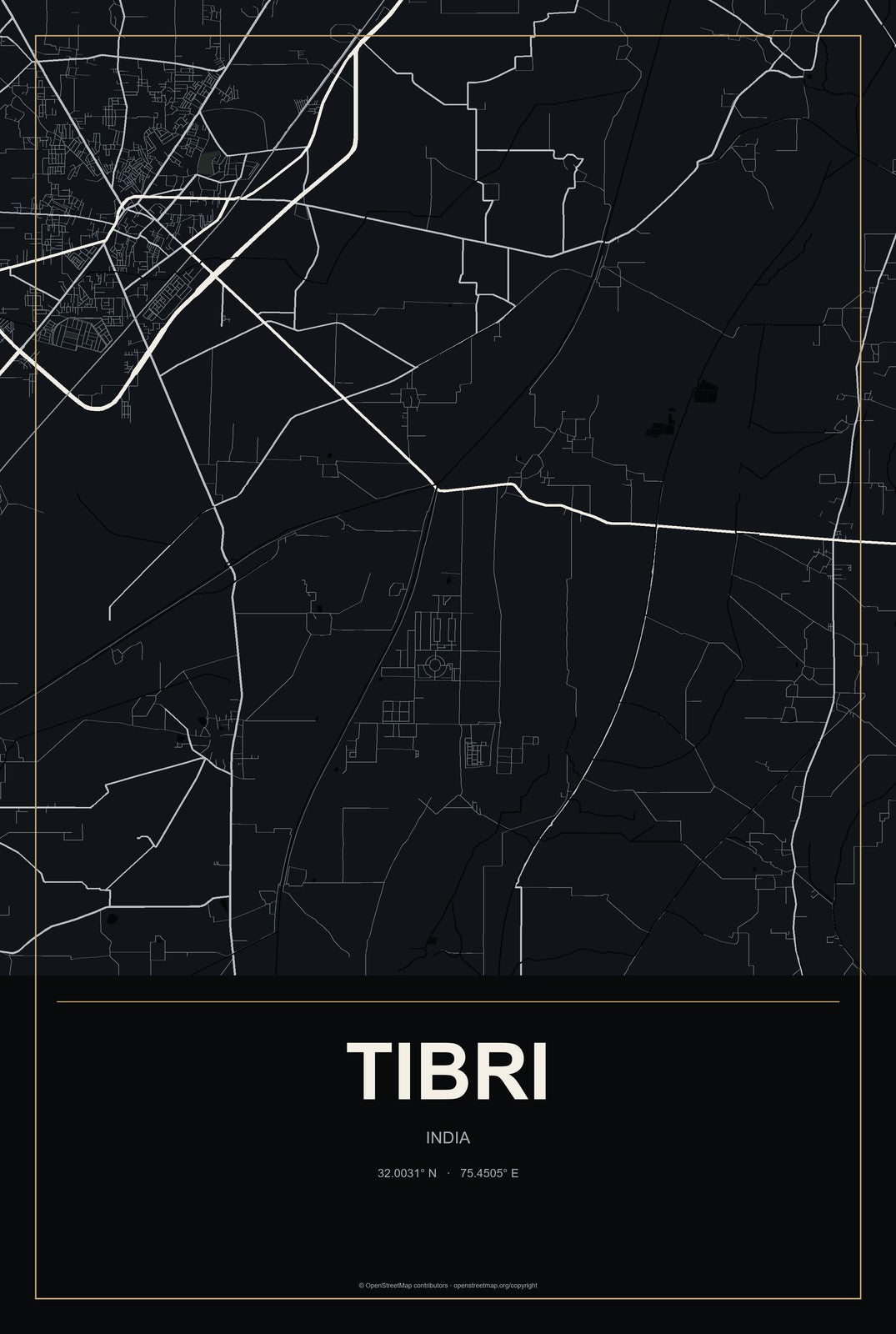 Tibri, India City Map Aluminum Sign in Metropolitan Noir style