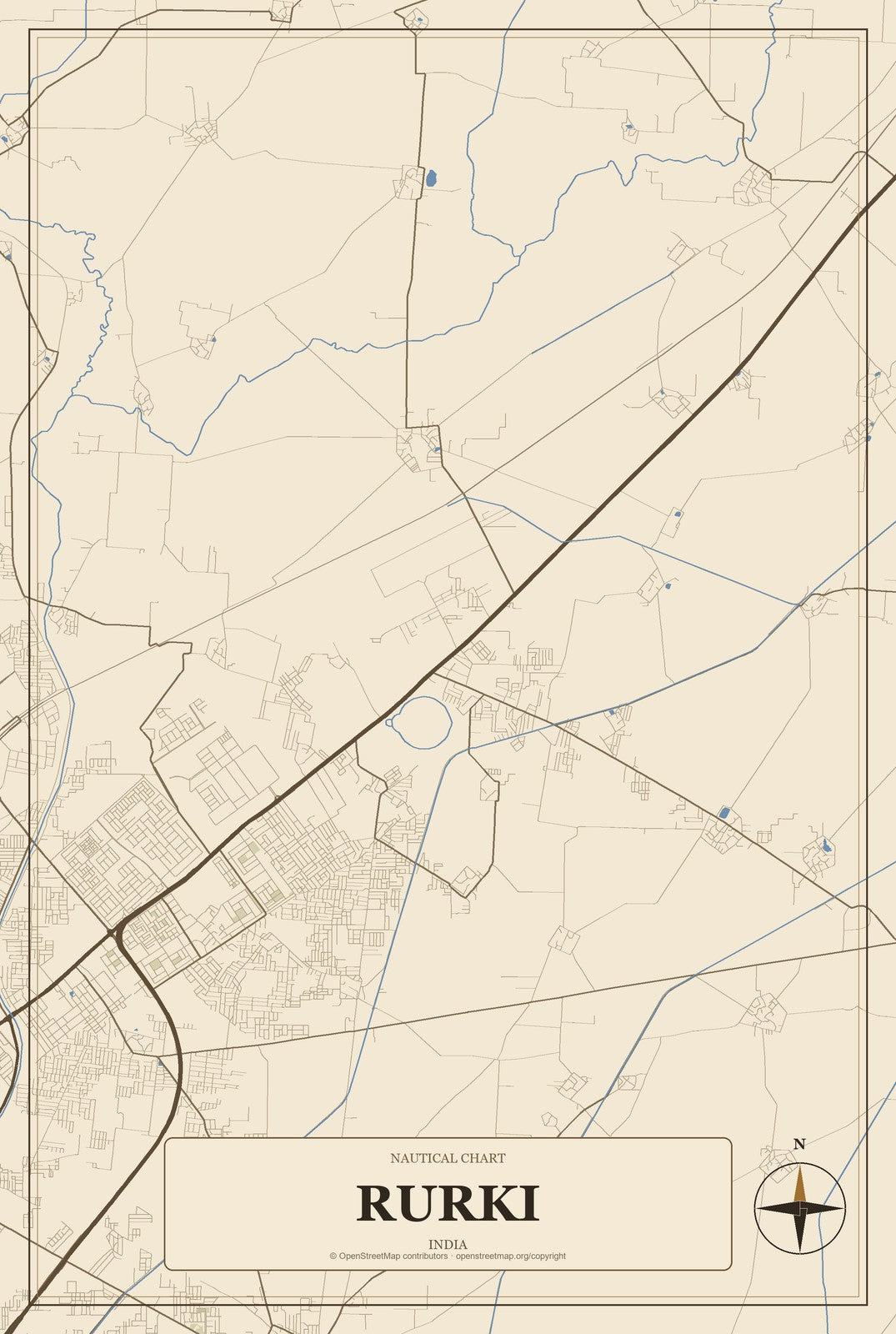 Rurki, India City Map Aluminum Sign in Heritage Nautical style