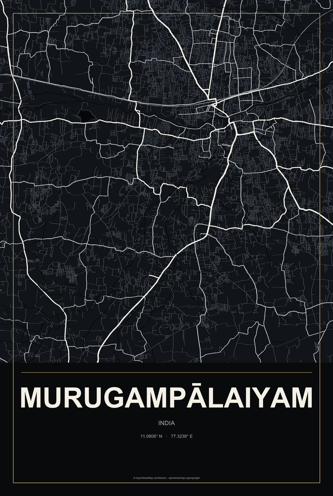 Murugampālaiyam, India City Map Aluminum Sign in Metropolitan Noir style