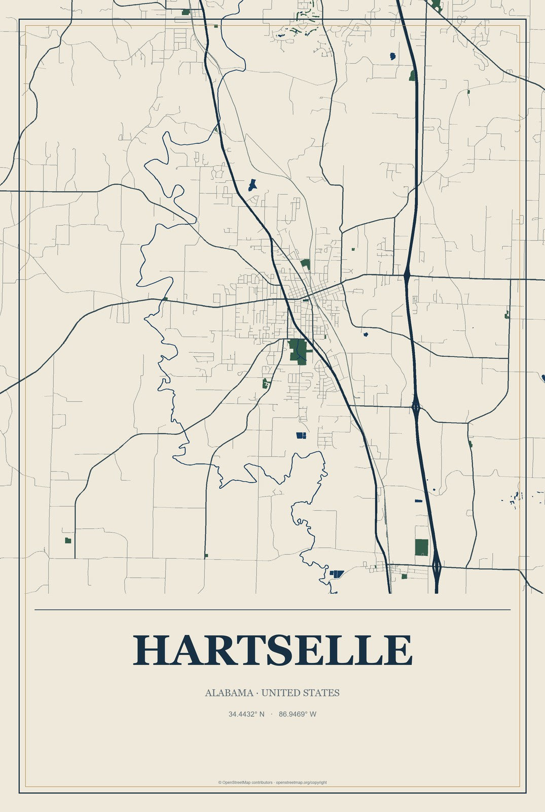Hartselle, Alabama City Map Aluminum Sign in Coastal Cutout style