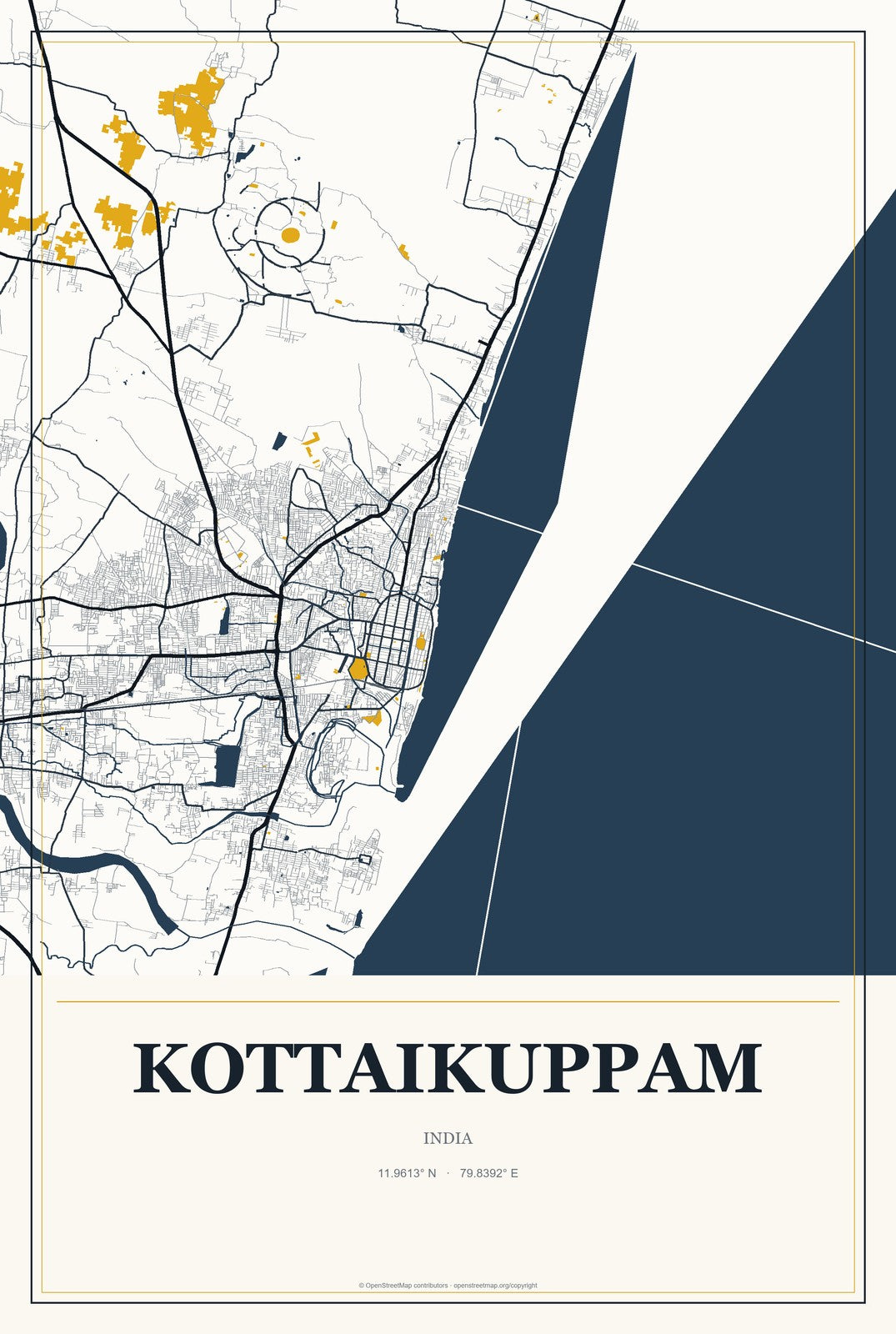 Kottaikuppam, India City Map Aluminum Sign in Citrine Modern style