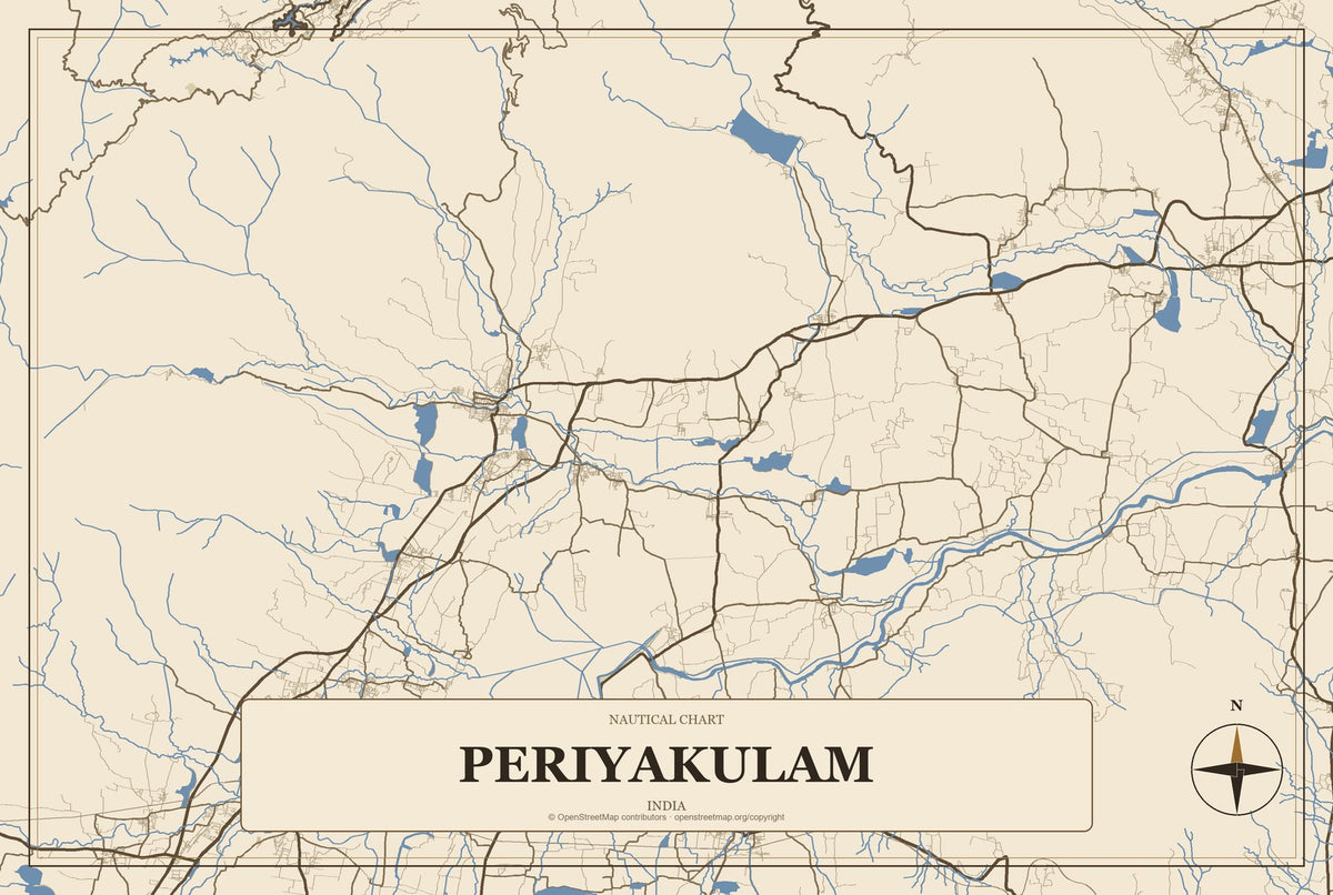 Periyakulam, India City Map Aluminum Sign in Heritage Nautical style