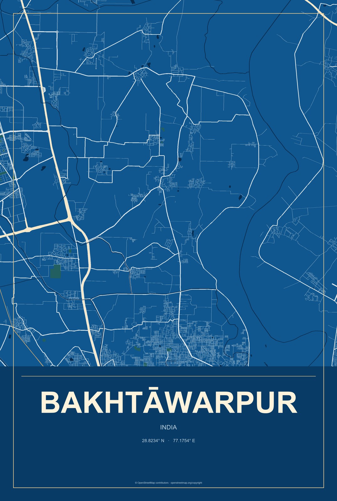 Bakhtāwarpur, India City Map Aluminum Sign in Harbor Cobalt style