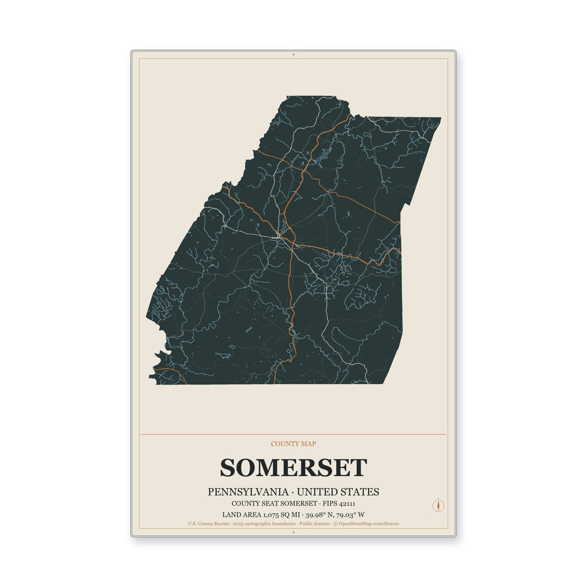 Somerset County, Pennsylvania Map Aluminum Sign in Headline Atlas style