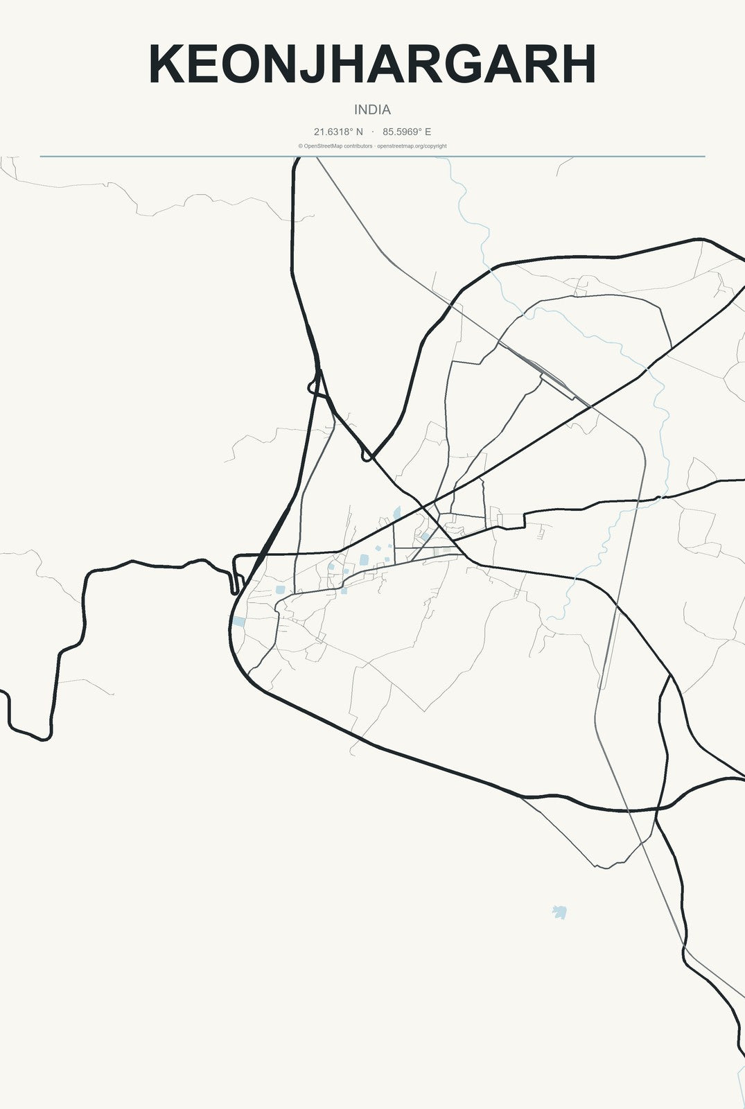 Keonjhargarh, India City Map Aluminum Sign in Headline Atlas style