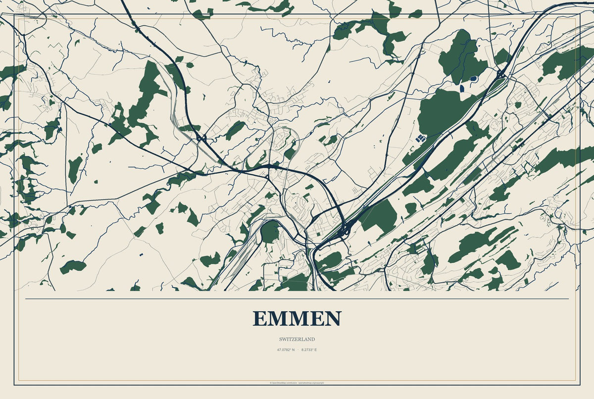 Emmen, Switzerland City Map Aluminum Sign in Coastal Cutout style