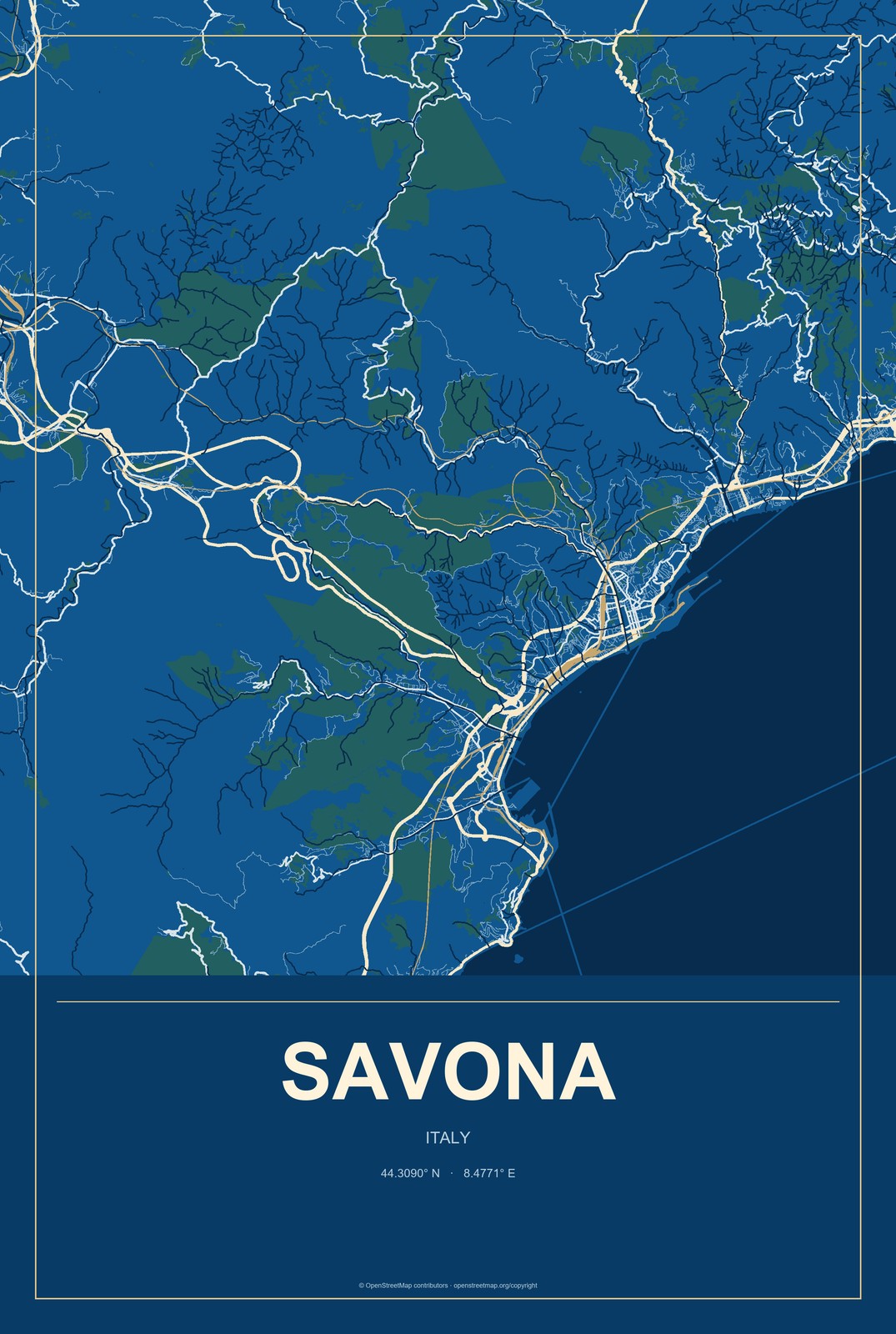 Savona, Italy City Map Aluminum Sign in Harbor Cobalt style