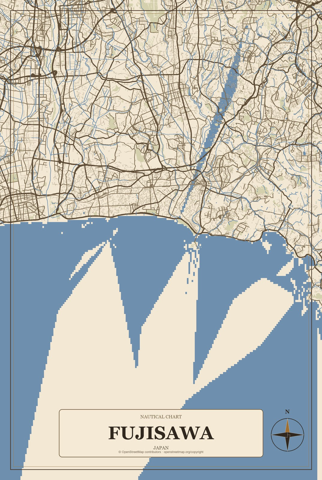 Fujisawa, Japan City Map Aluminum Sign in Heritage Nautical style