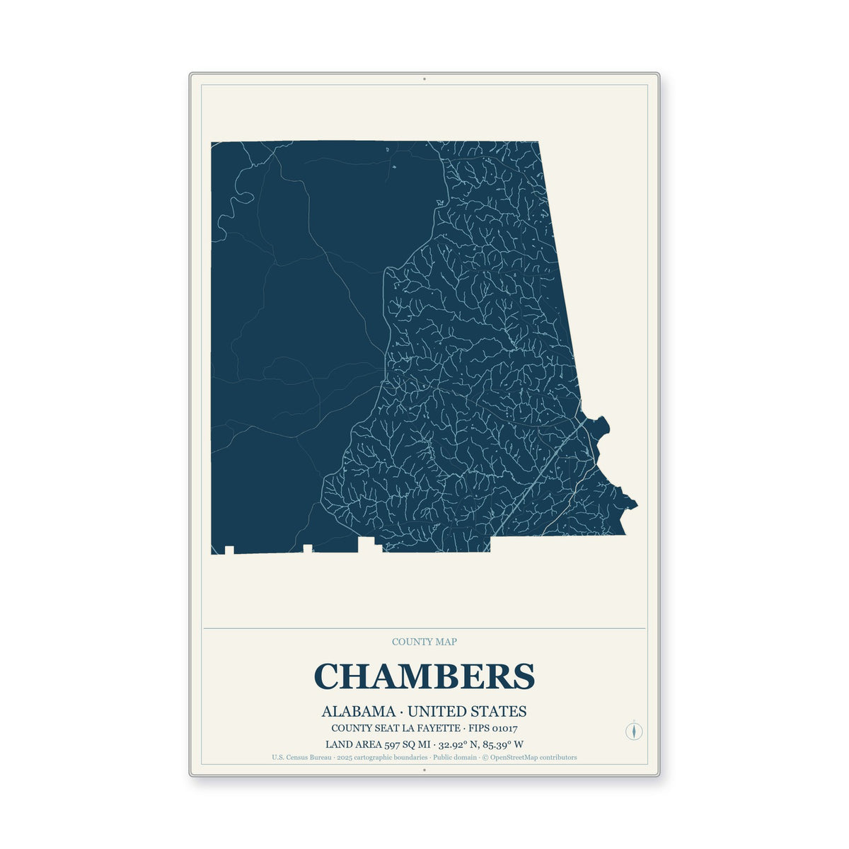 Chambers County, Alabama Map Aluminum Sign in Coastal Cutout style