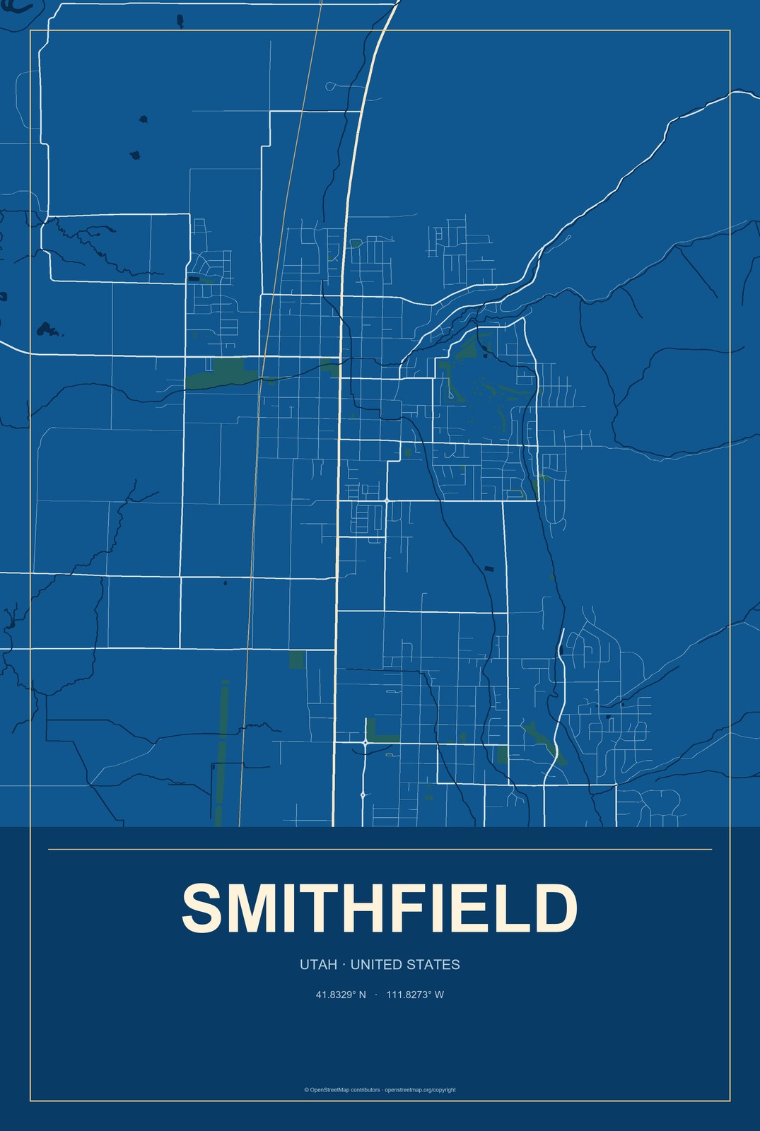 Smithfield, Utah City Map Aluminum Sign in Harbor Cobalt style