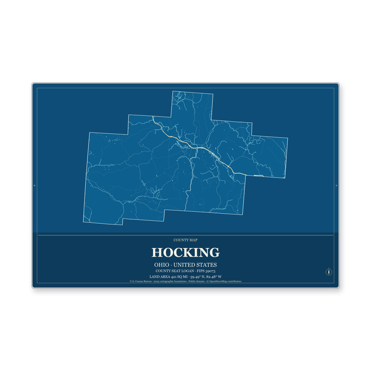 Hocking County, Ohio Map Aluminum Sign in Harbor Cobalt style