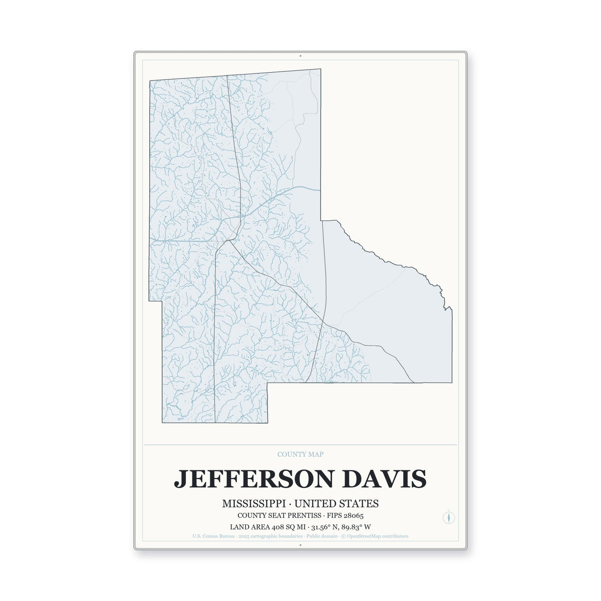 Jefferson Davis County, Mississippi Map Aluminum Sign in Gallery Air style