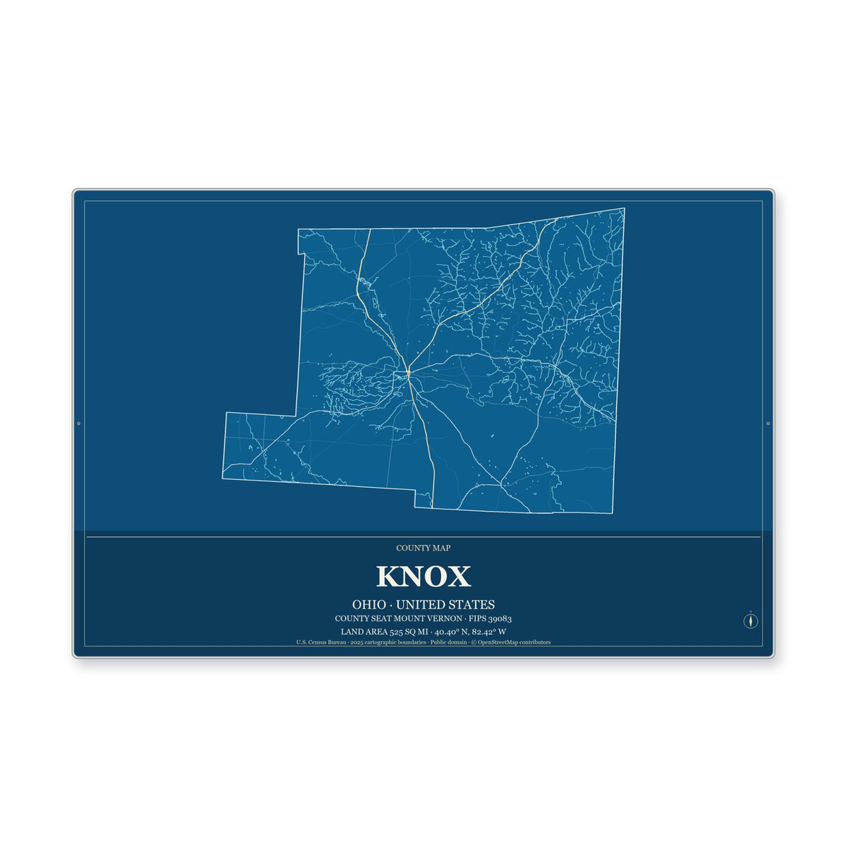 Knox County, Ohio Map Aluminum Sign in Harbor Cobalt style