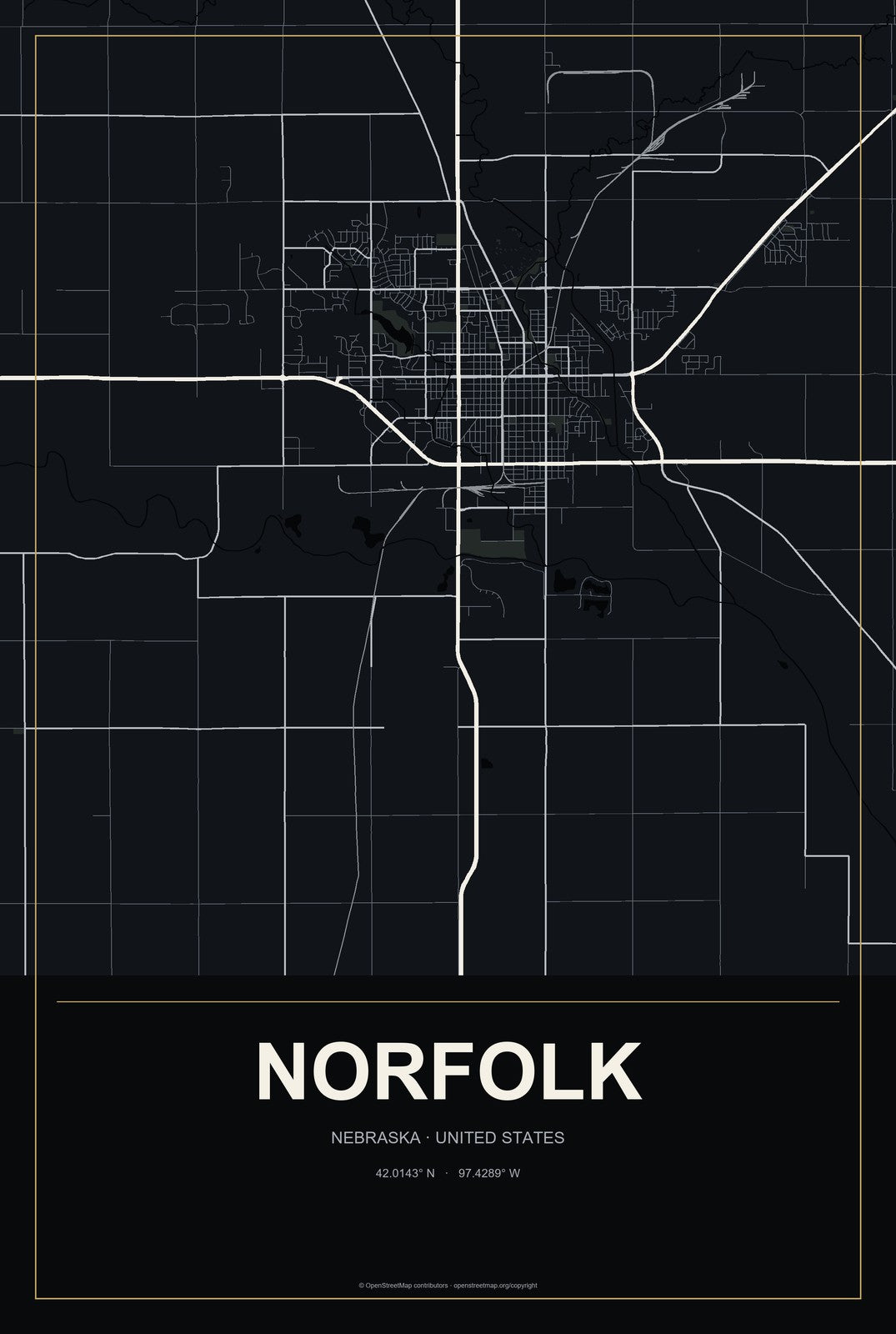 Norfolk, Nebraska City Map Aluminum Sign in Metropolitan Noir style