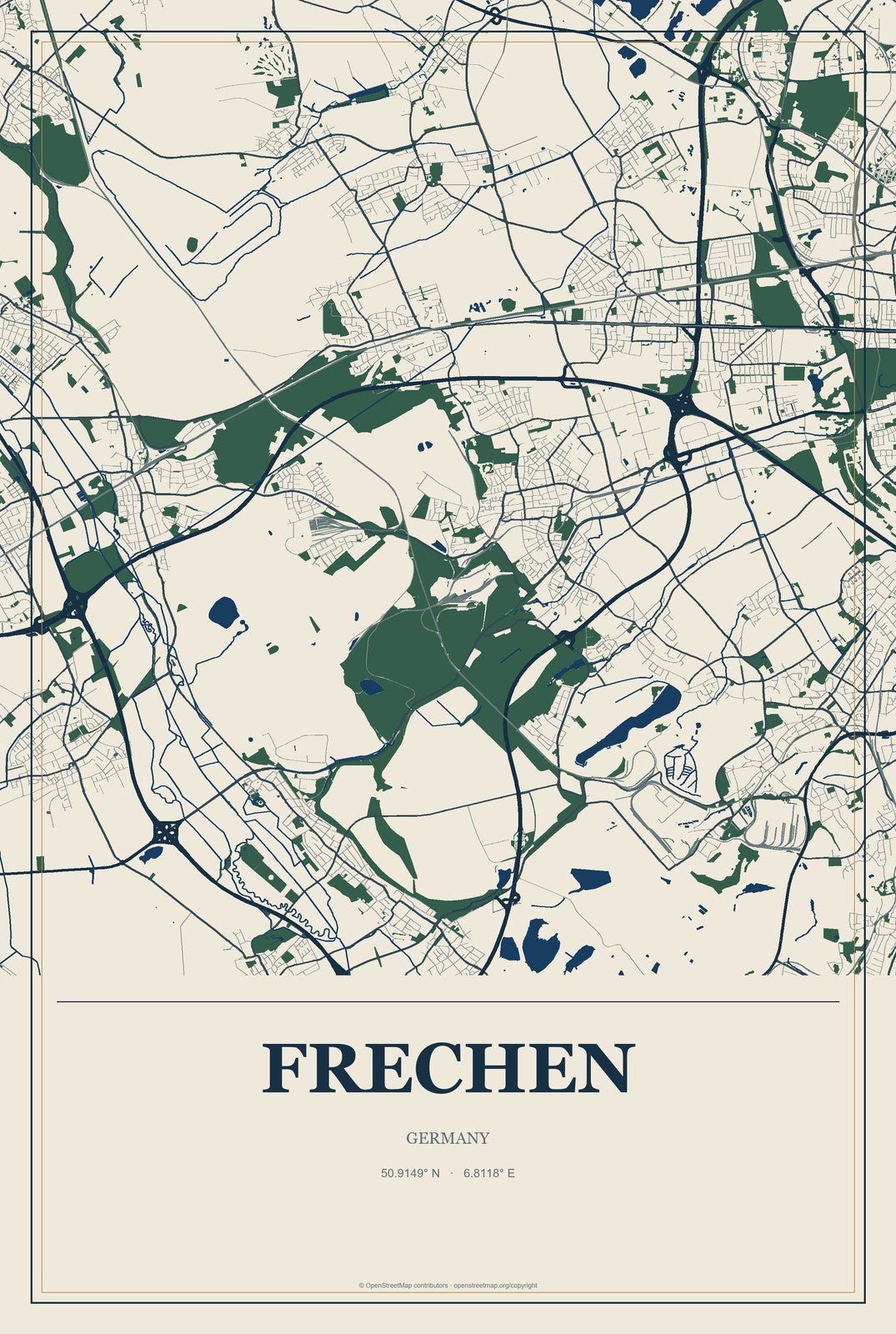 Frechen, Germany City Map Aluminum Sign in Coastal Cutout style