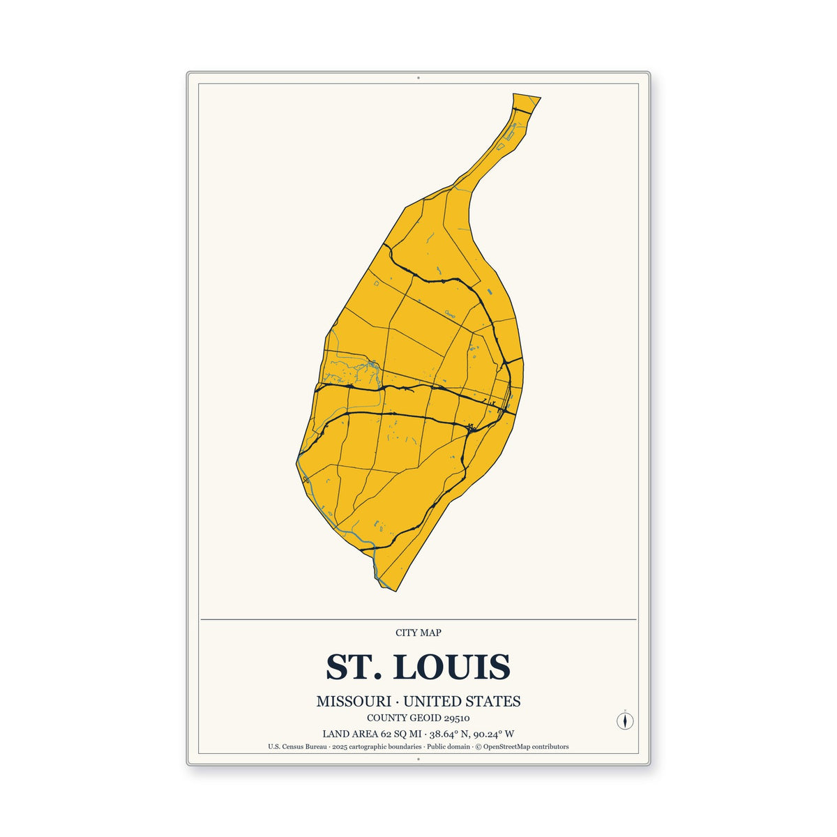 St. Louis city, Missouri Map Aluminum Sign in Citrine Modern style