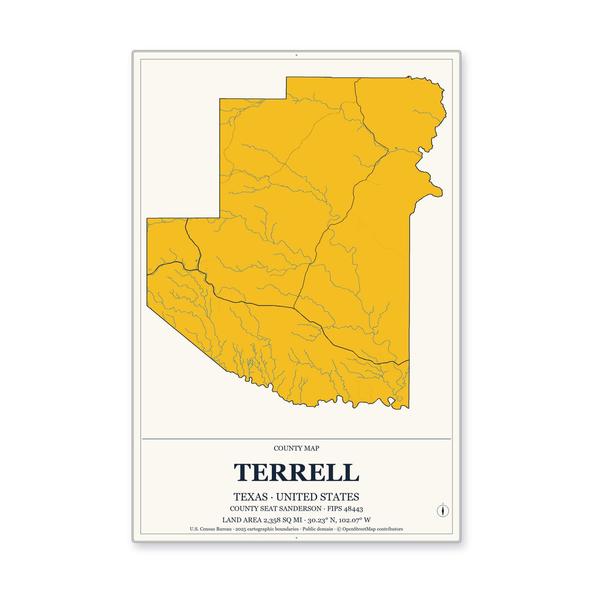 Terrell County, Texas Map Aluminum Sign in Citrine Modern style