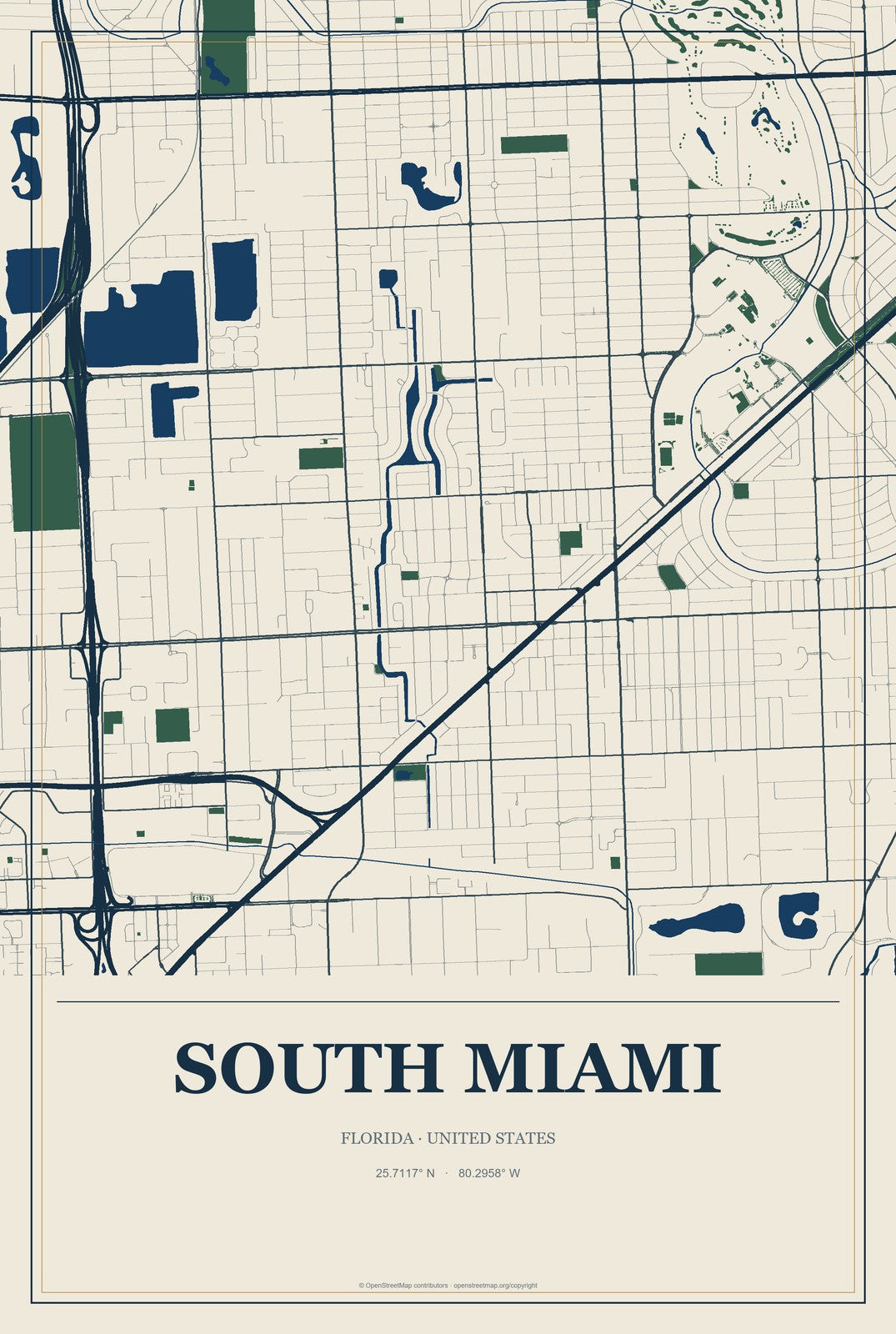 South Miami, Florida City Map Aluminum Sign in Coastal Cutout style
