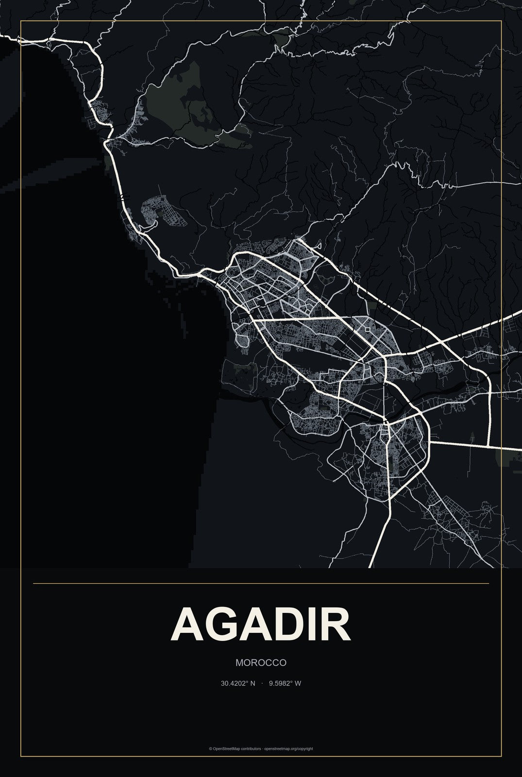 Agadir, Morocco City Map Aluminum Sign in Metropolitan Noir style