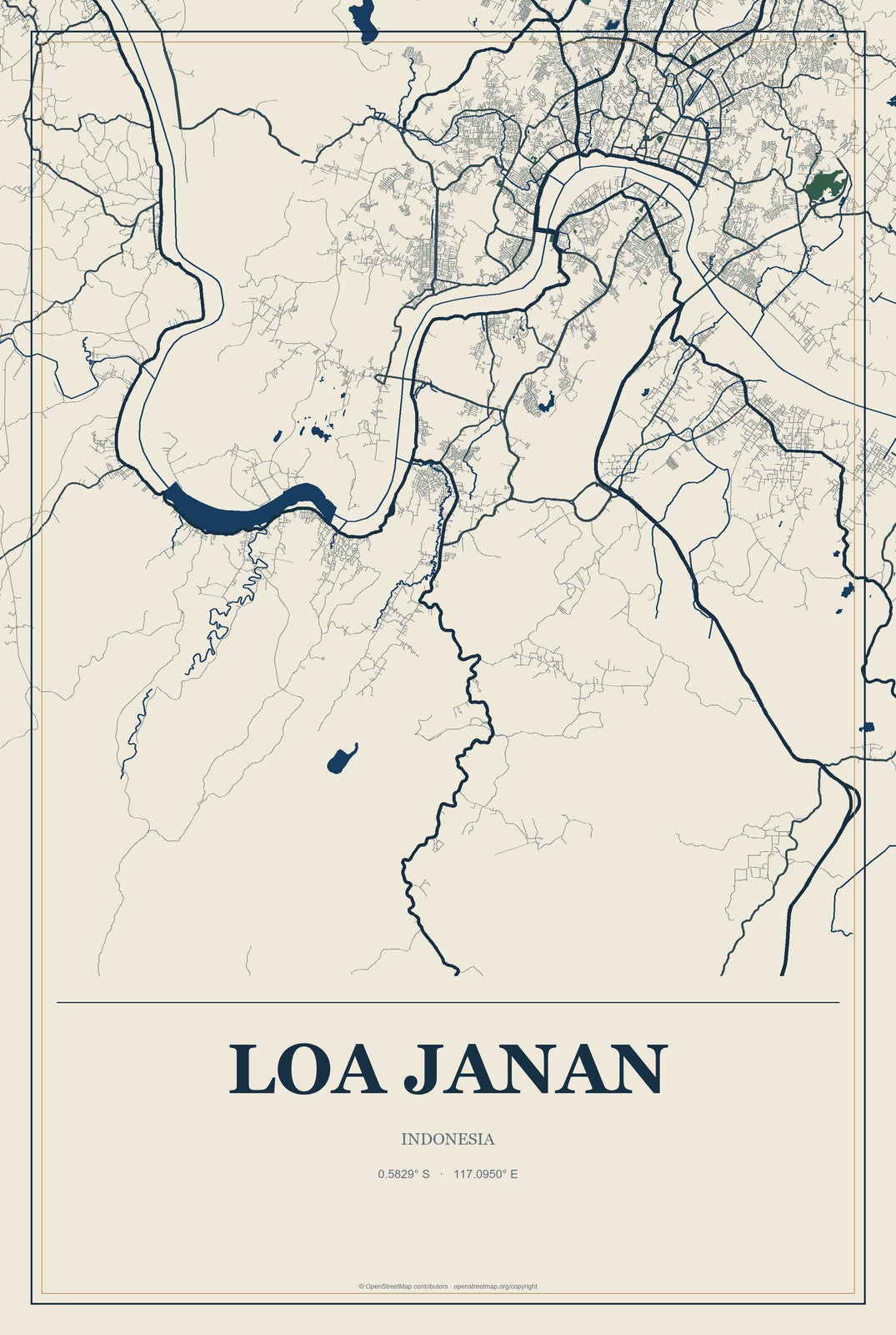Loa Janan, Indonesia City Map Aluminum Sign in Coastal Cutout style