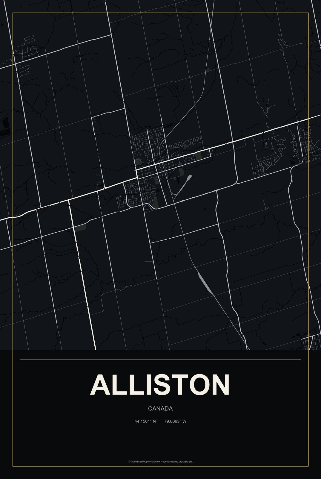 Alliston, Canada City Map Aluminum Sign in Metropolitan Noir style