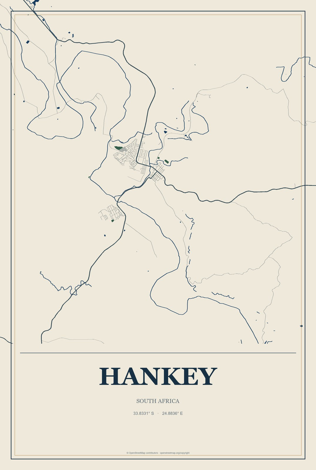 Hankey, South Africa City Map Aluminum Sign in Coastal Cutout style
