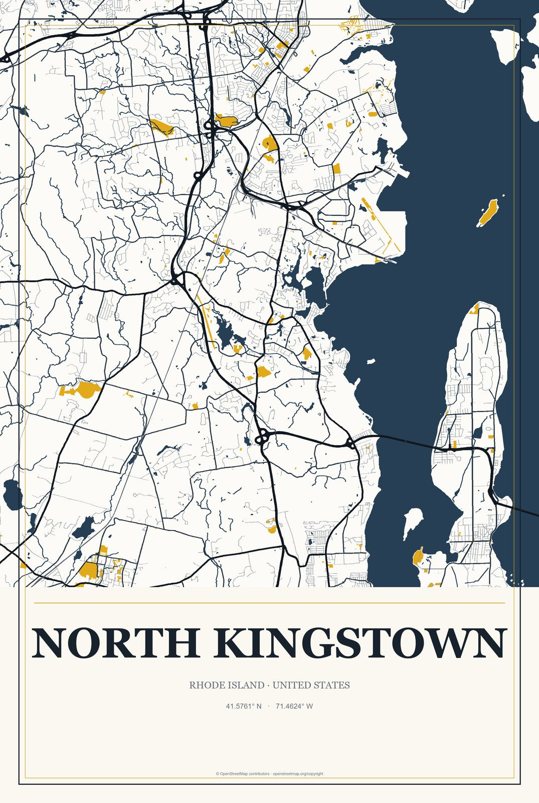 North Kingstown, Rhode Island City Map Aluminum Sign in Citrine Modern style
