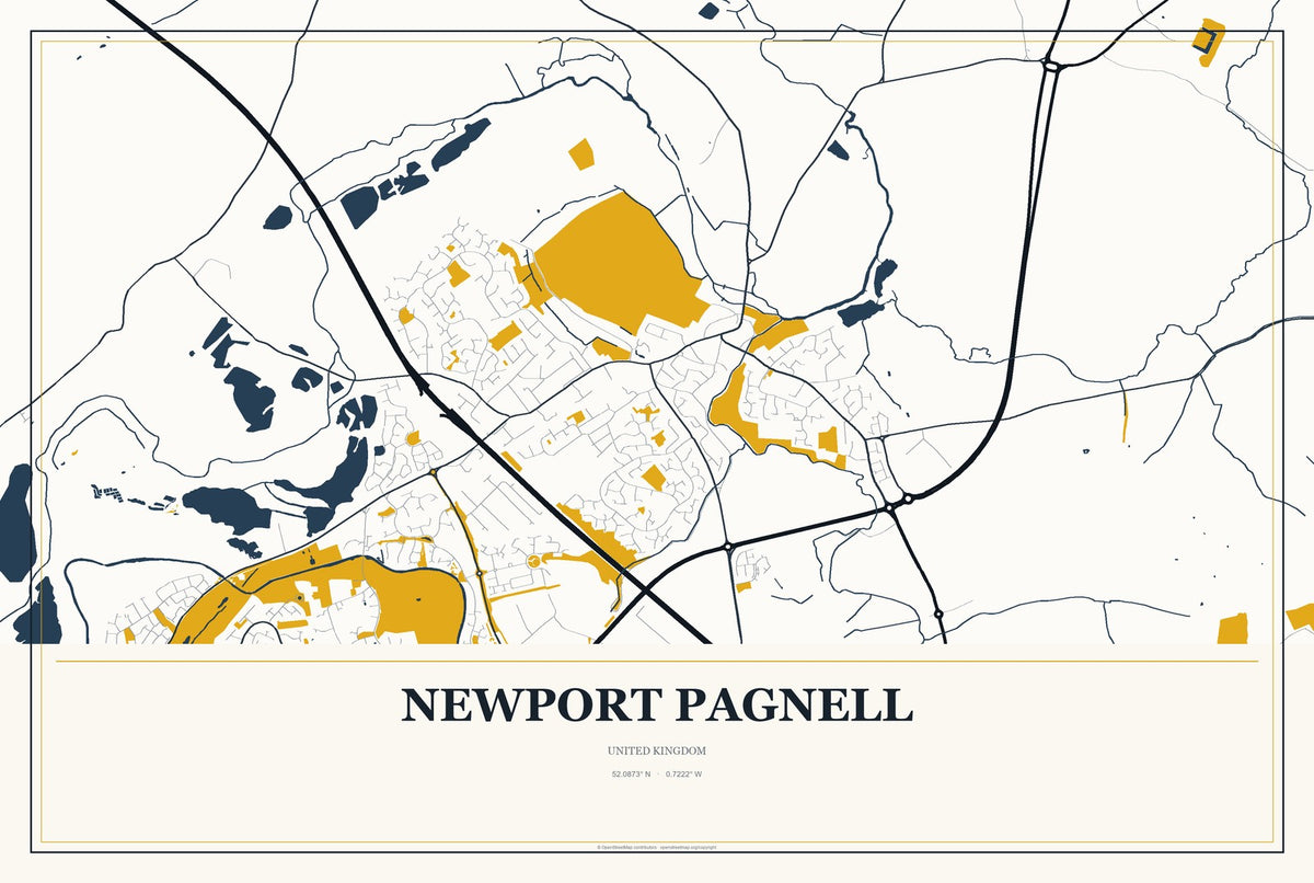 Newport Pagnell, United Kingdom City Map Aluminum Sign in Citrine Modern style