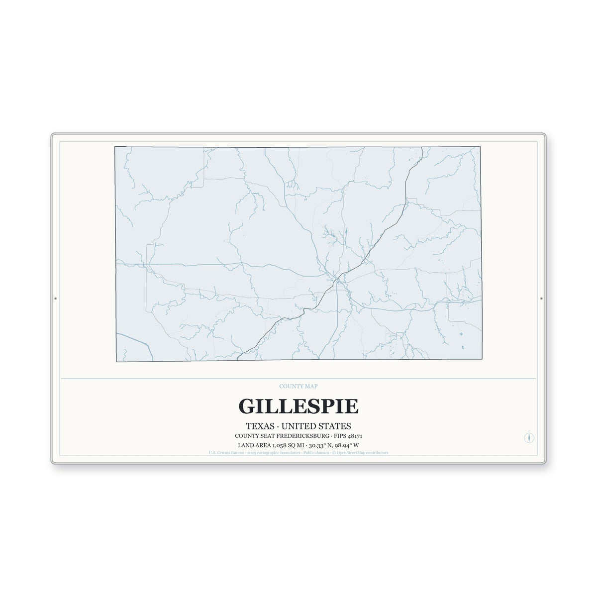 Gillespie County, Texas Map Aluminum Sign in Gallery Air style