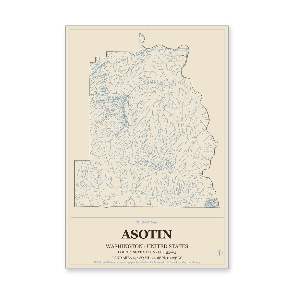 Asotin County, Washington Map Aluminum Sign in Heritage Nautical style